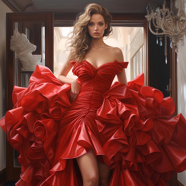 Real Red Dress Gorgeous Ruffles on Chest White Shoes Man