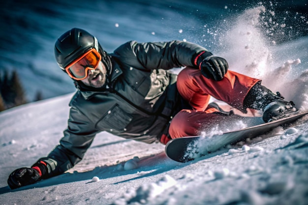 Real snowboarder falls at offpiste ski slope ski safety concept