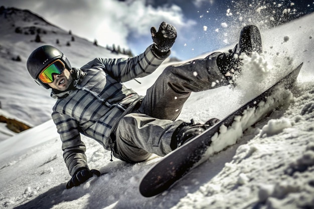 Photo real snowboarder falls at offpiste ski slope ski safety concept