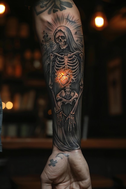 Realism black and grey tattoo sleeve on an arm of a low angle shot of a hyper realistic grim reaper