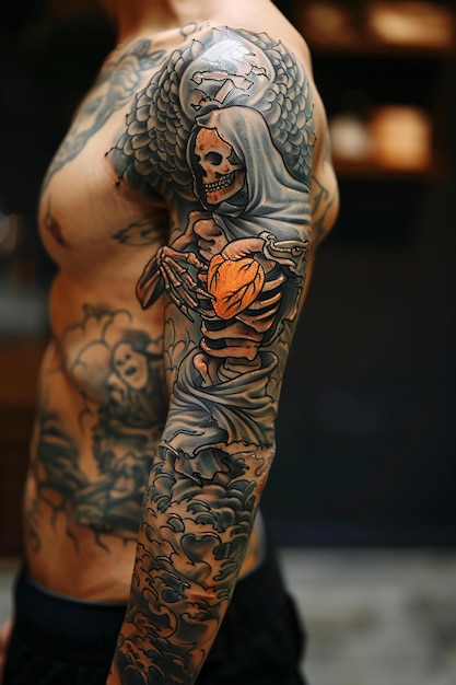 Realism black and grey tattoo sleeve on an arm of a low angle shot of a hyper realistic grim reaper