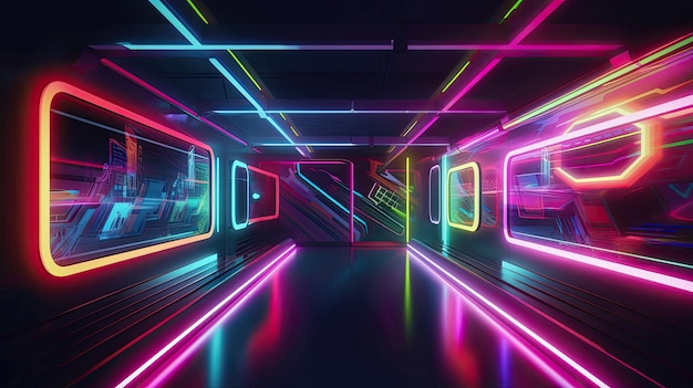 Realistic 3D art style of colored neon tube station with Generative AI Technology