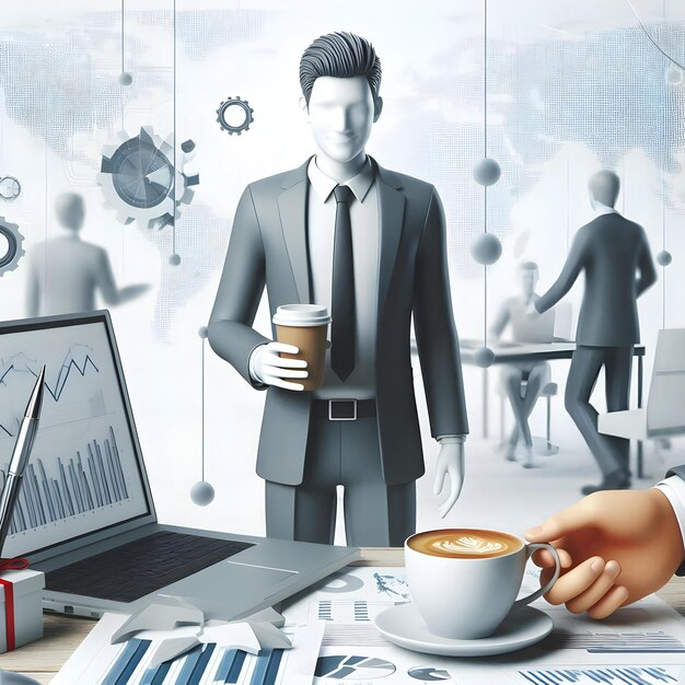 Realistic 3D Businessman Scene Coffee Laptop and Office Background