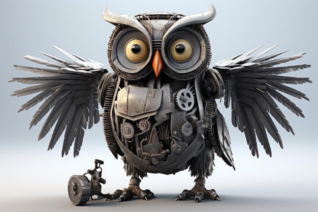 Realistic 3d cute and friendly metal owl flying machine with big eyes and analog components