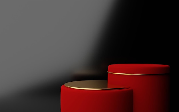 Realistic 3D cylinder pedestal in dark red and gold