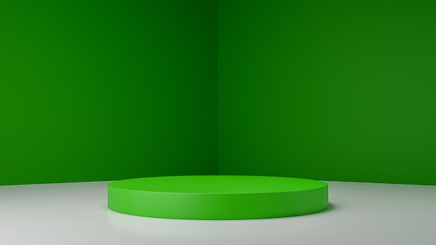 Realistic 3D cylinder pedestal podium with soft green corner room background