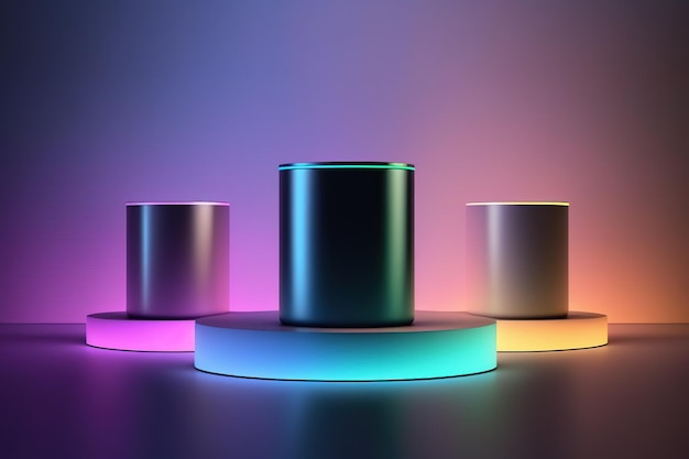 Realistic 3D cylinder with a colorful neon light podium for product display. AI Generated