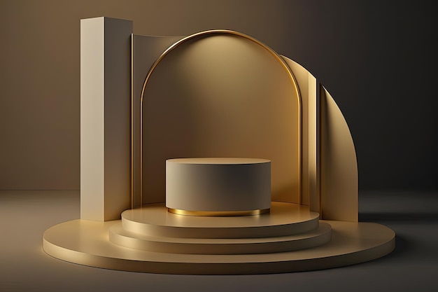 Realistic 3D cylinder with a luxury and golden podium for product display. AI Generated