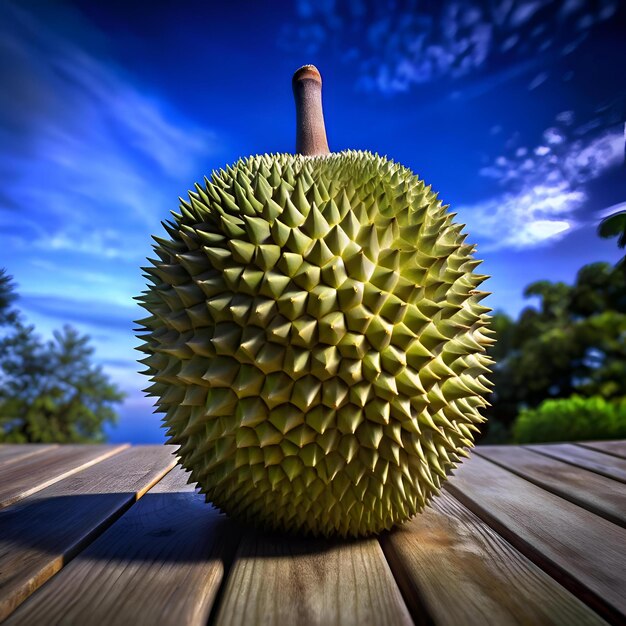 A realistic 3D illustration of a durian fruit with a prickly green exterior sitting on a wooden surface against a vibrant blue sky