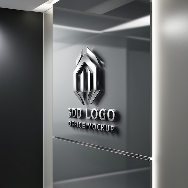 Realistic 3D Logo Mockup on Glossy Office Wall with Metallic Edges and Reflections HighQuality Desig