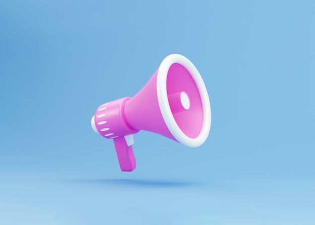 Realistic 3d megaphone, loudspeaker minimal concept. Megaphone on blue background. 3d render illustration