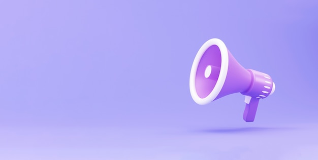 Realistic 3d megaphone, loudspeaker minimal concept. Megaphone on purple background. 3d render illustration