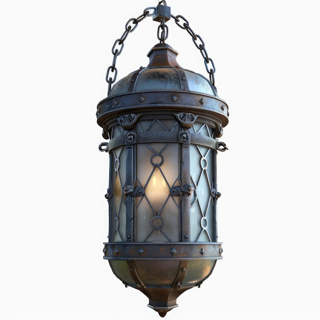 Photo realistic 3d model of a medieval iron lantern with clear glass panes