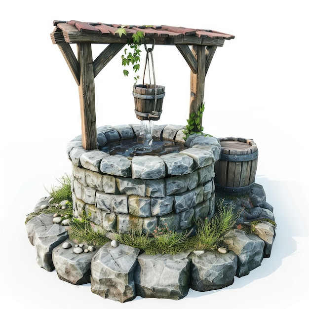 Realistic 3D Model of a StoneBased Medieval Well with Wooden Bucket