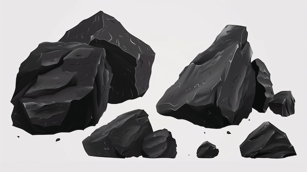 Realistic 3D mountain rocks black boulders of varying sizes with detailed textures perfect for isolated design elements