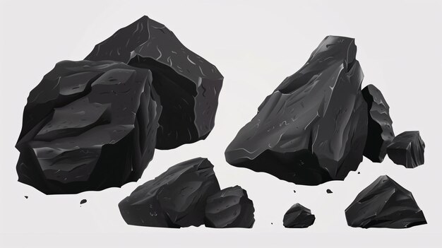 Photo realistic 3d mountain rocks black boulders of varying sizes with detailed textures perfect for isolated design elements