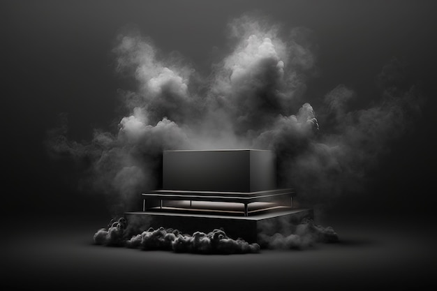 Realistic 3D podium with smoke and dark color for product display. AI Generated