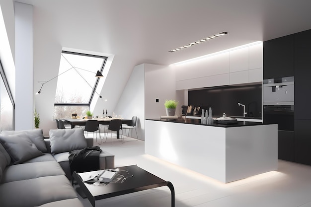 Realistic 3D render beautiful morning in a modern kitchen room minimalist black and white