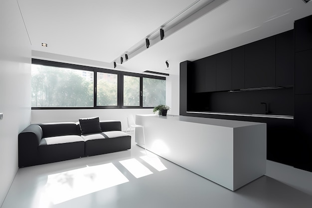 Realistic 3D render beautiful morning in a modern kitchen room minimalist black and white