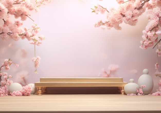 Realistic 3D render blank empty pastel pink podium with cherry blossom flower bouquet and blowing white curtain Beauty products display Backdrop AI Generative