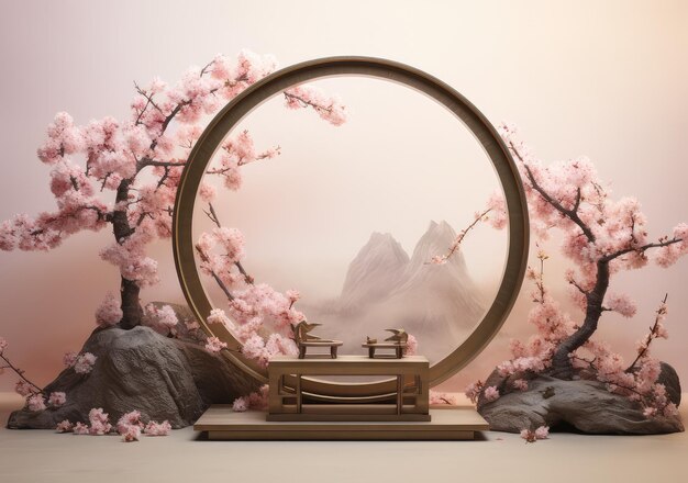 Realistic 3D render blank empty pastel pink podium with cherry blossom flower bouquet and blowing white curtain Beauty products display Backdrop AI Generative