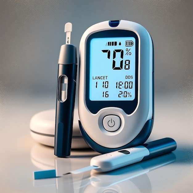 Photo realistic 3d render of a blood glucose meter with lancet and test strip