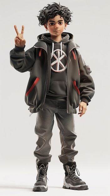 Photo realistic 3d render of trendy young character in bomber jacket and hoodie making peace sign