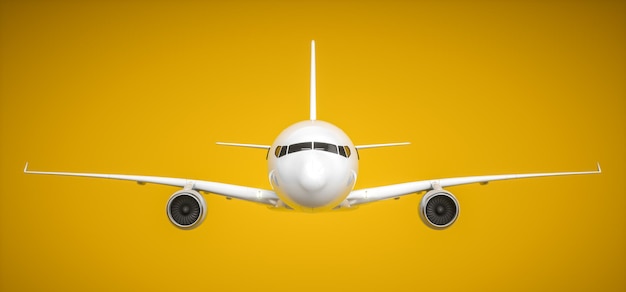 Realistic 3D rendering airplane Aircraft on yellow background front view