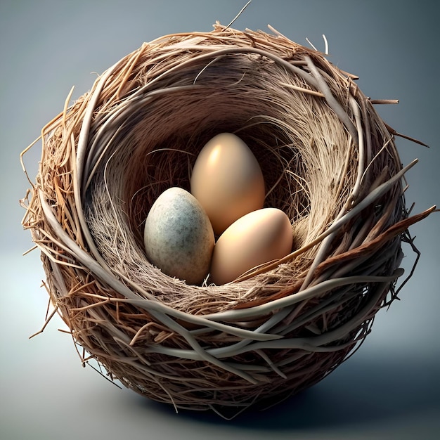 A realistic 3D rendering of a birds nest with three eggs