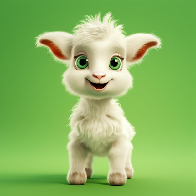 Realistic 3D rendering of a happy furry fluffy baby goat smiling