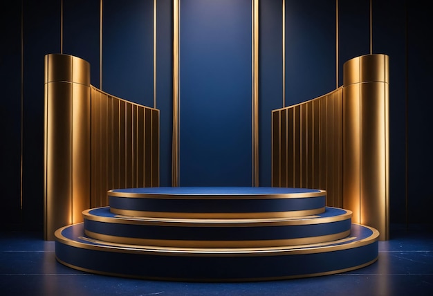 A realistic 3D rendering of a podium in a deep blue luxury background