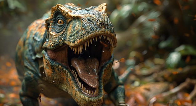 Realistic 3D rendering of a Tyrannosaurus Rex roaring in a dense forest setting