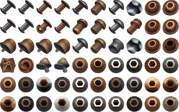 Photo realistic 3d vector icons of old screw nail heads bolts and rusty rivets