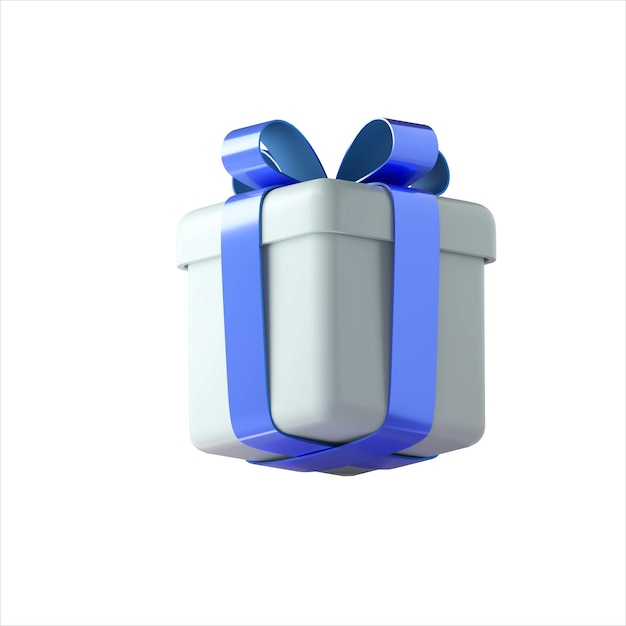 Realistic 3d white gift box with blue glossy ribbon bow