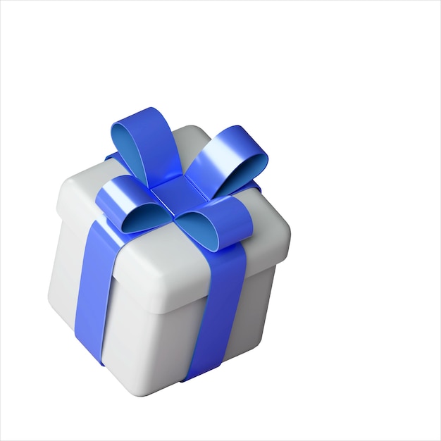 Realistic 3d white gift box with blue glossy ribbon bow