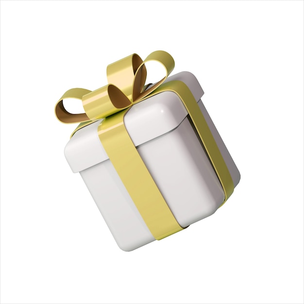 Realistic 3d white gift box with golden glossy ribbon bow