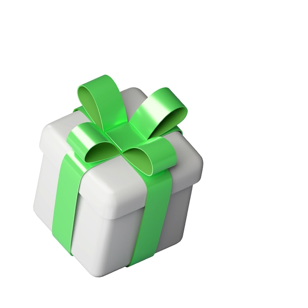 Realistic 3d white gift box with green glossy ribbon bow