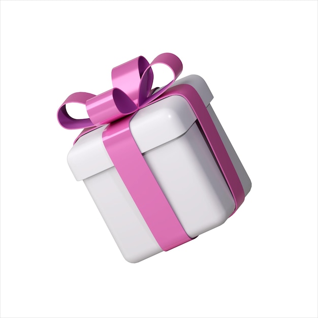 Realistic 3d white gift box with pink glossy ribbon bow