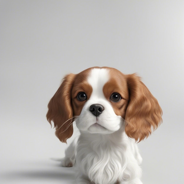 Realistic 3D wide shot of a Cavalier King Charles Spaniel baby on a white background