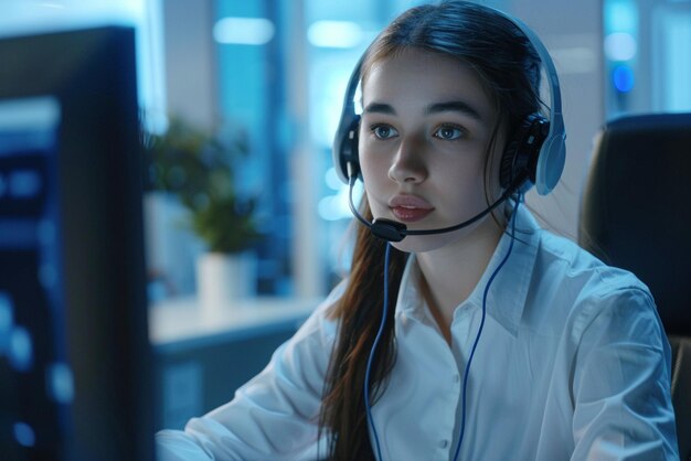 Realistic 4k photo a joyful white female call center employee in a white shirt and headphones with a headset is sitting at a fullface desk