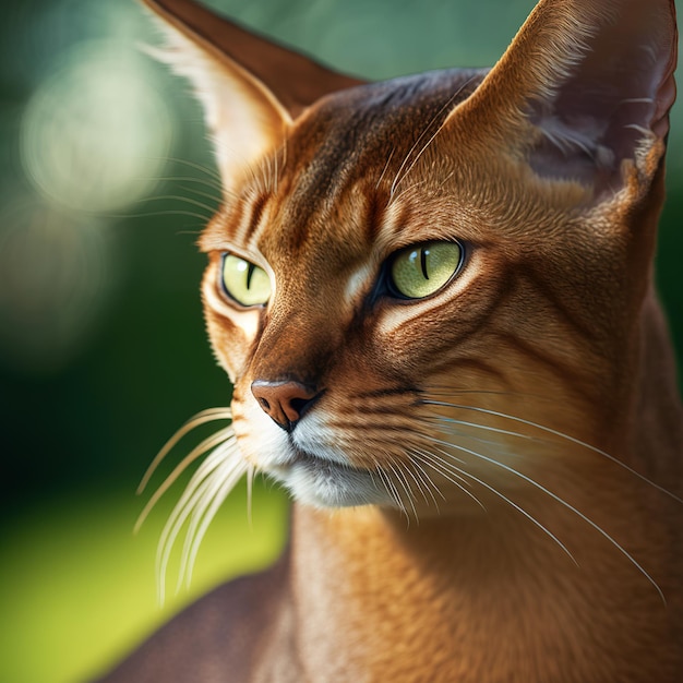 Realistic abyssinian cat on ravishing natural outdoor background