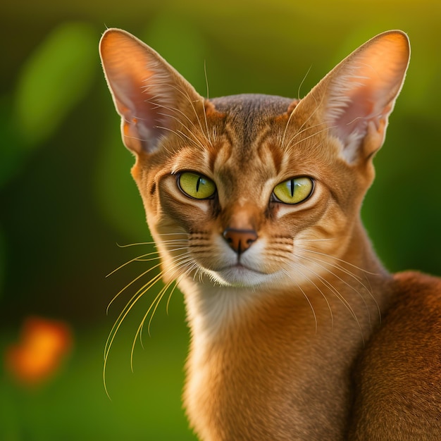 Realistic abyssinian cat on ravishing natural outdoor background