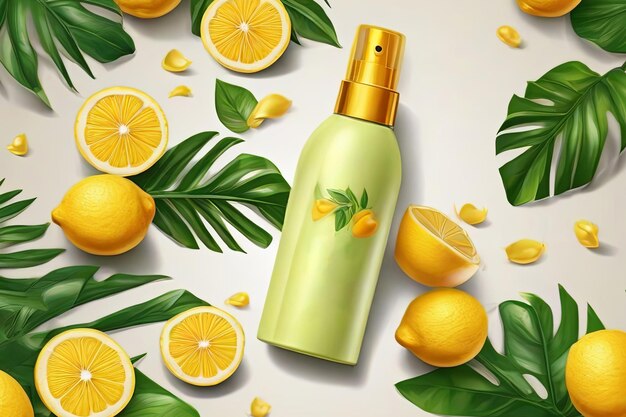 realistic ads poster cosmetics mock up with spray bottle green tropical leaves and yellow lemons