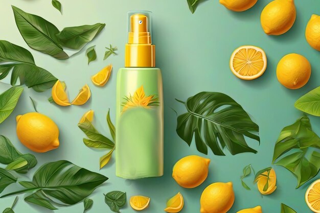 realistic ads poster cosmetics mock up with spray bottle green tropical leaves and yellow lemons