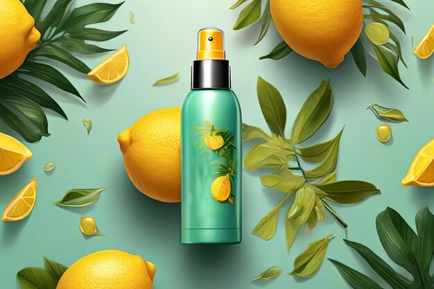 realistic ads poster cosmetics mock up with spray bottle green tropical leaves and yellow lemons