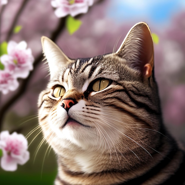 Realistic american bobtail cat on ravishing natural outdoor background