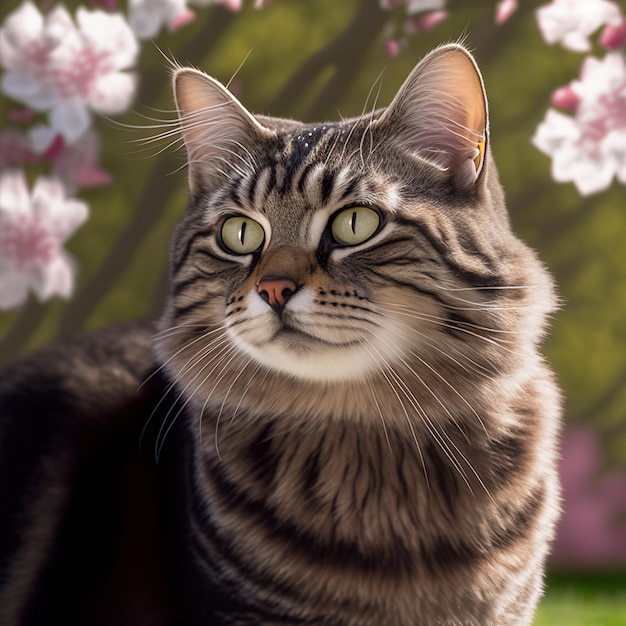 Realistic american bobtail cat on ravishing natural outdoor background