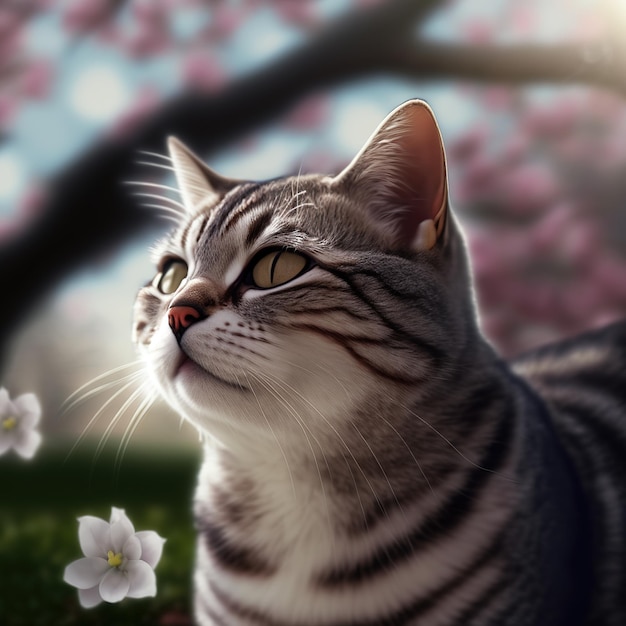 Realistic american bobtail cat on ravishing natural outdoor background