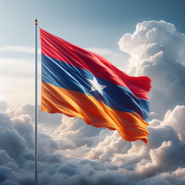 Realistic Armenia Flag on flag pole waving in the wind against white clouds