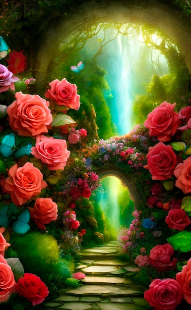 Realistic art fairy landscape style alice in wonderland with red roses